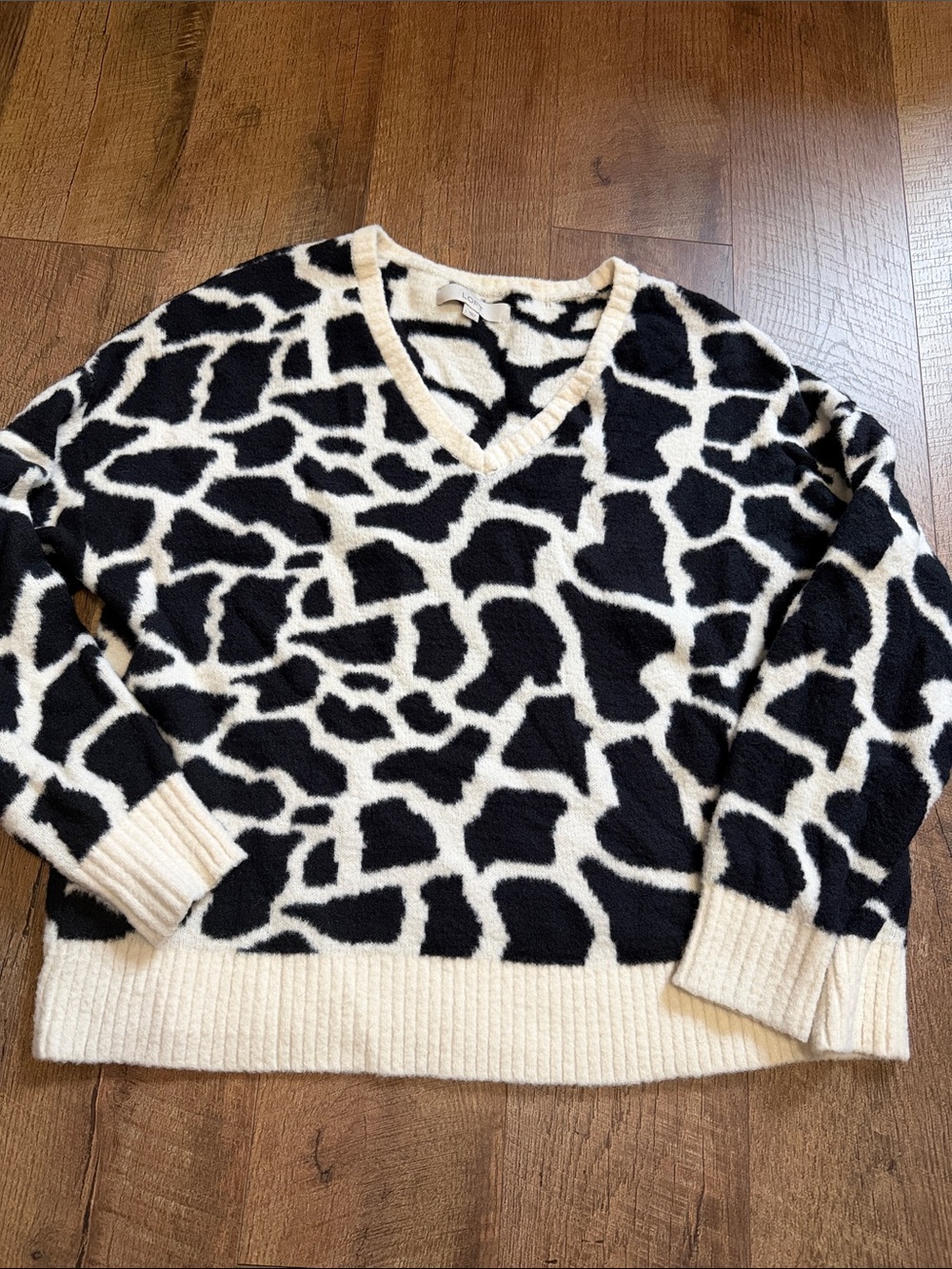 LOFT Black and Cream Animal-Print V-Neck Sweater